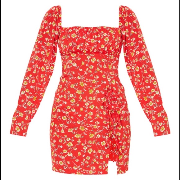 Red Floral Side Split Dress NWOT - Picture 1 of 4